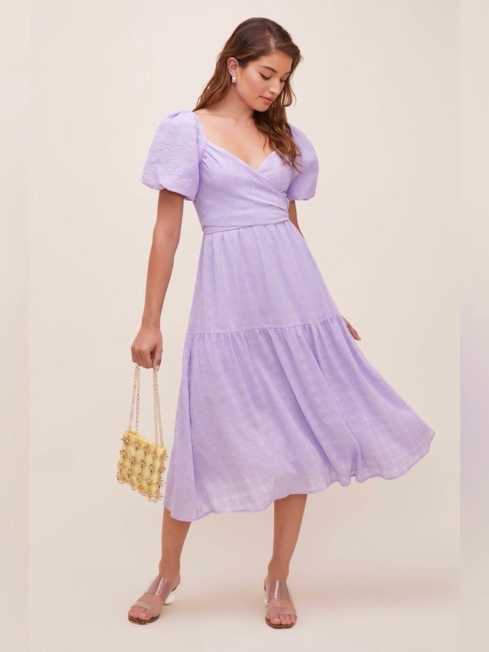 ASTR Lavender Puff-Sleeve Midi Dress